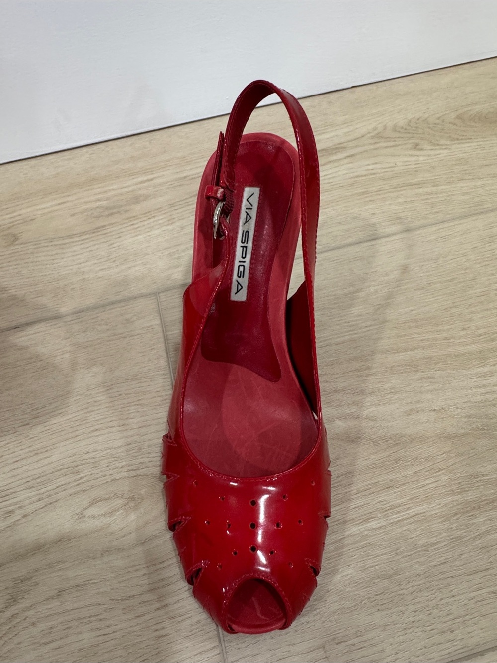 Via Spiga Red Patent Peep-Toe Slingback Heels with Cutout Perforation - Picture 5 of 9